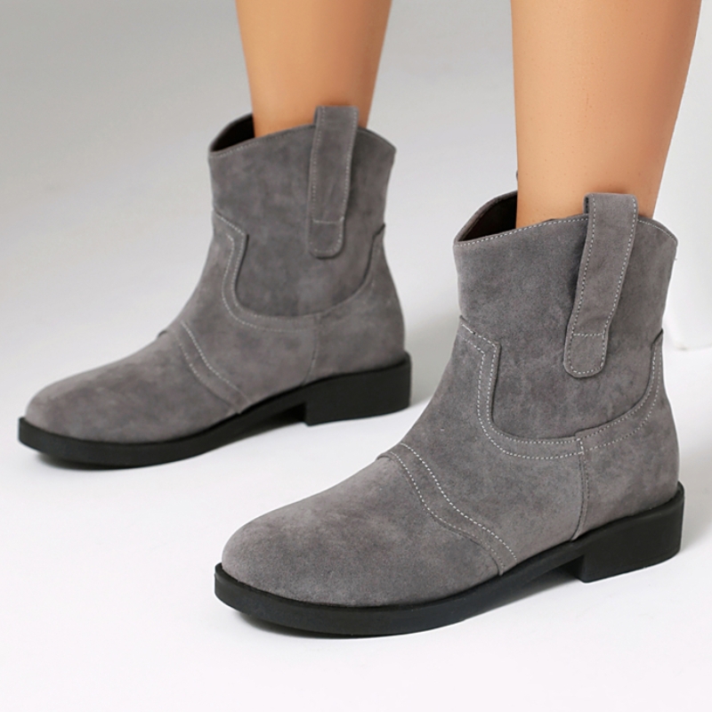 Sewing Fleece - รองเท้าบูทข้อเท้าสีเทาสำหรับผู้หญิง ฤดูหนาว 2025 รองเท้าหนังกลับเทียม สีดำ น้ำเงิน